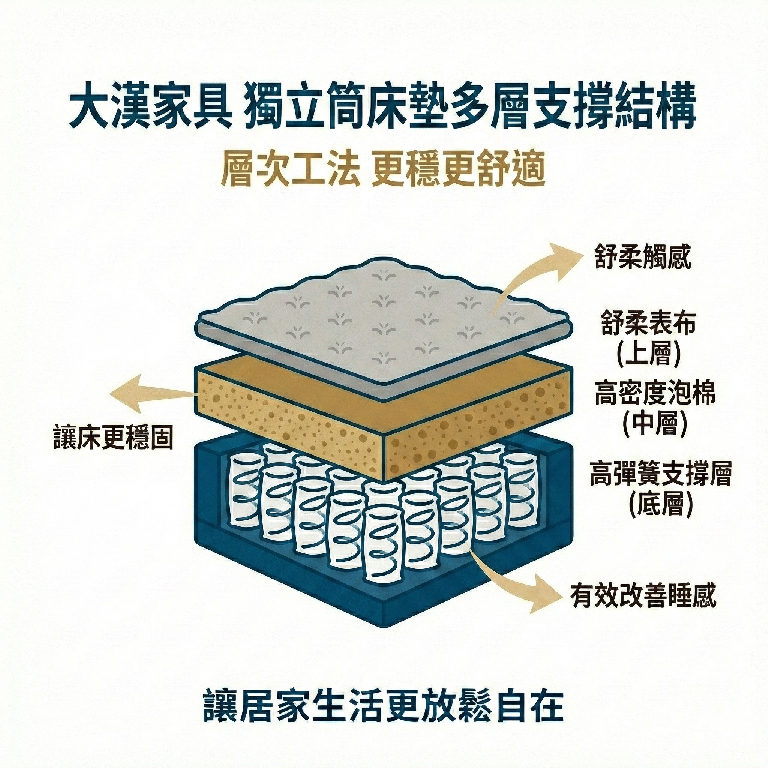 大漢家具獨立筒床墊分層設計，工法細緻，讓你睡得更舒適